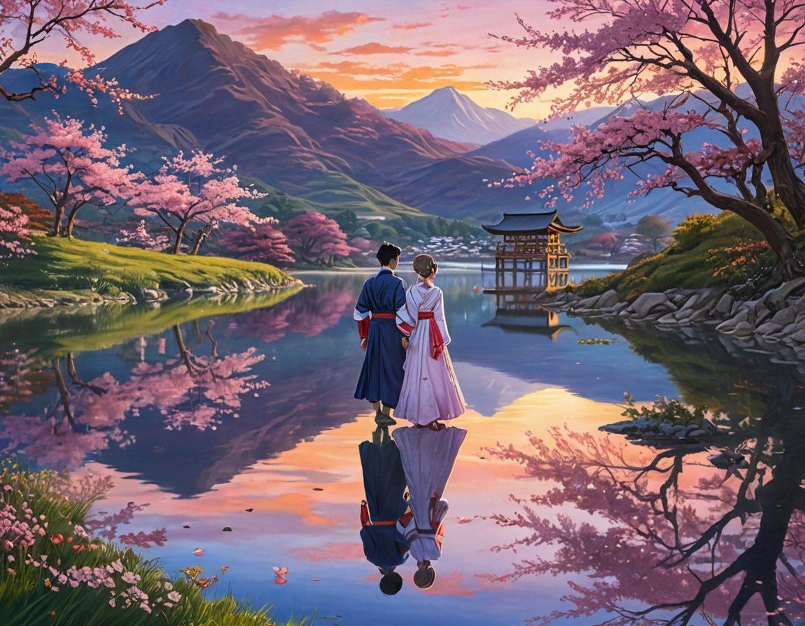 A mesmerizing anime-style landscape with rolling hills, cherry blossoms in full bloom, and a serene lake reflecting a colorful sunset. In the foreground, a pair of anime characters in vibrant traditional attire share a moment, their faces glowing with joy and wonder, while fantastical creatures play nearby. painting. vibrant colors. dreamlike ambiance.